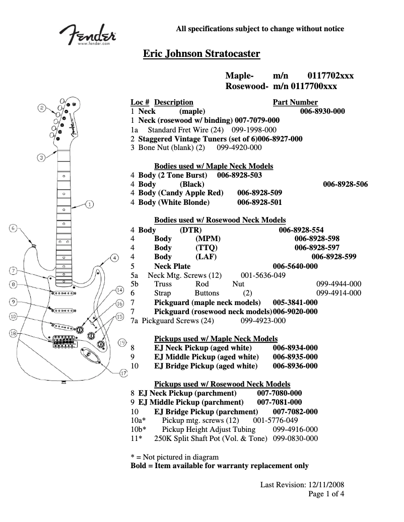 Page 1 de la notice Schéma de câblage Fender Eric Johnson Stratocaster Maple