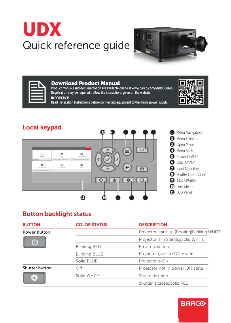 Page 1 de la notice Guide de démarrage rapide Barco UDX-4K32