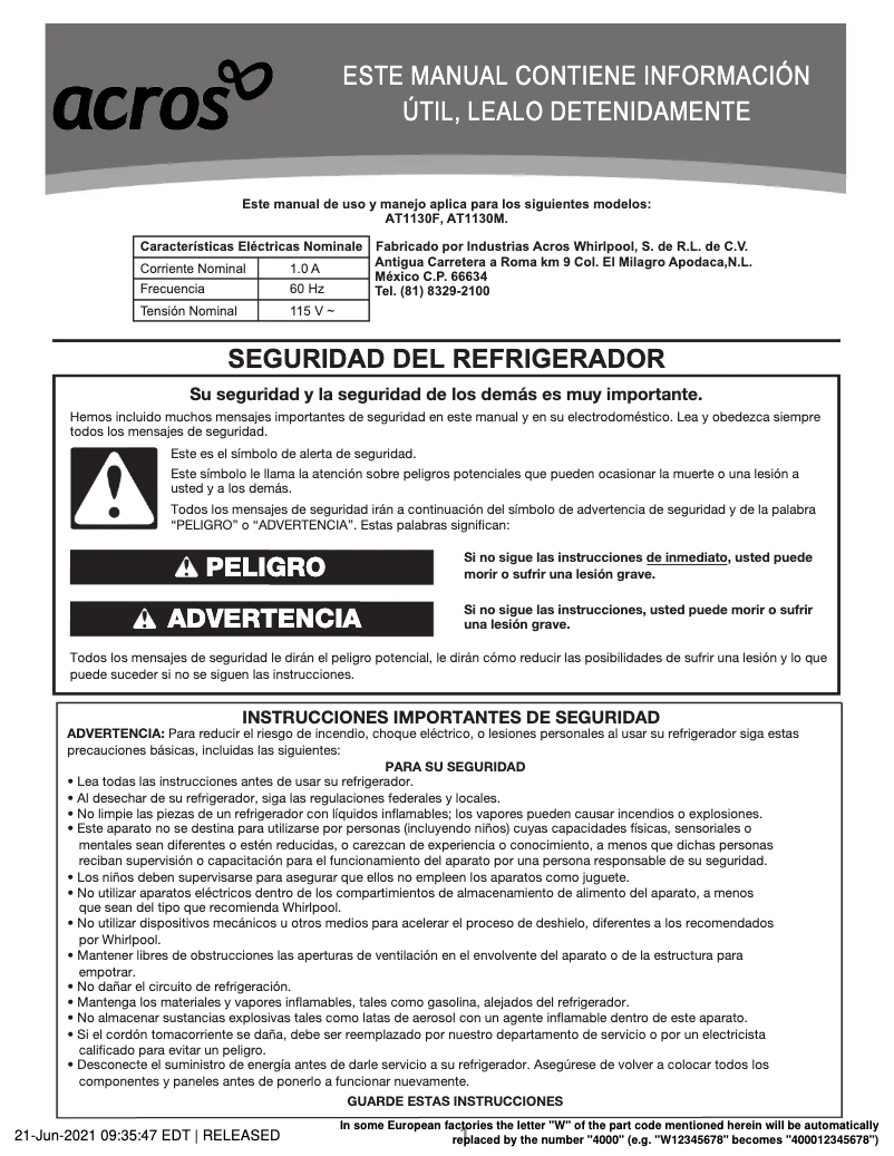 Page n°1 - Manuel utilisateur Acros AT1130F