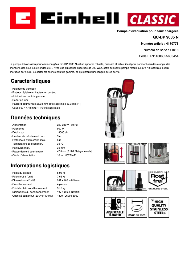 Page 1 de la notice Fiche technique Einhell GC-DP 9035 N
