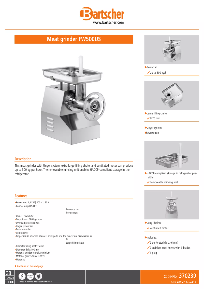Page n°1 - Fiche technique Bartscher FW500US