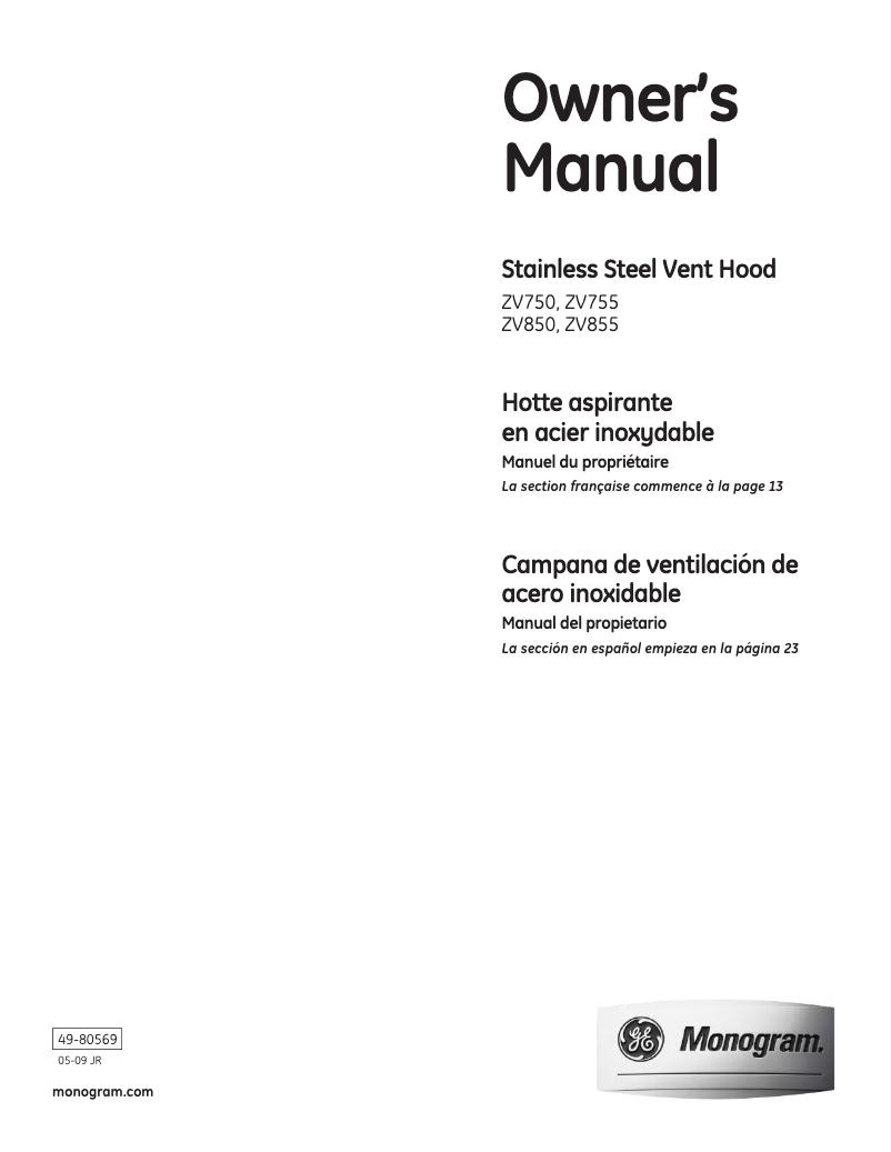 Page n°1 - Manuel d'utilisation et d'entretien Monogram ZV855SPS