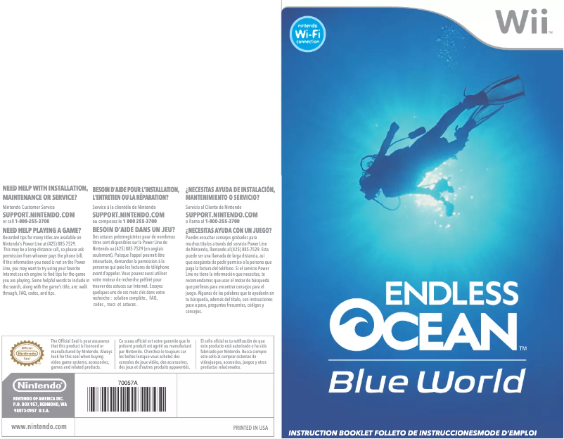 Page 1 de la notice Manuel utilisateur Nintendo Endless Ocean - Blue World (Wii)