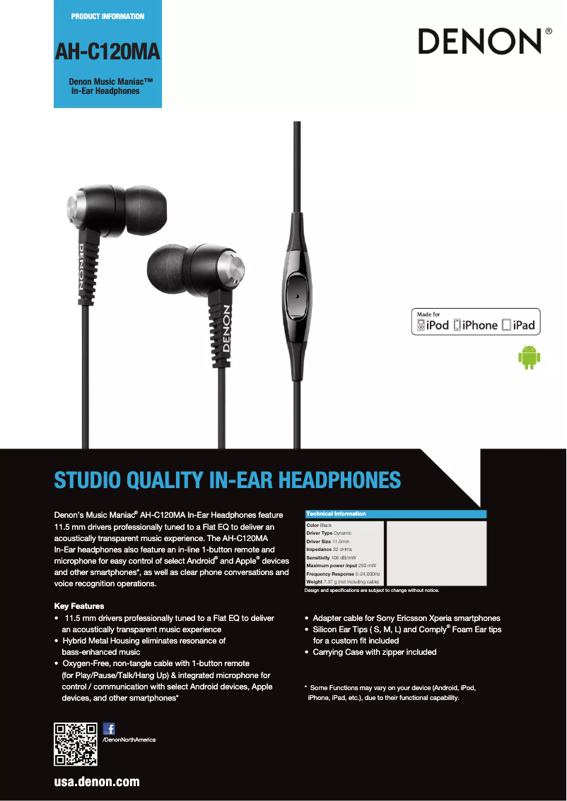 Page n°1 - Fiche technique Denon AH-C120MA