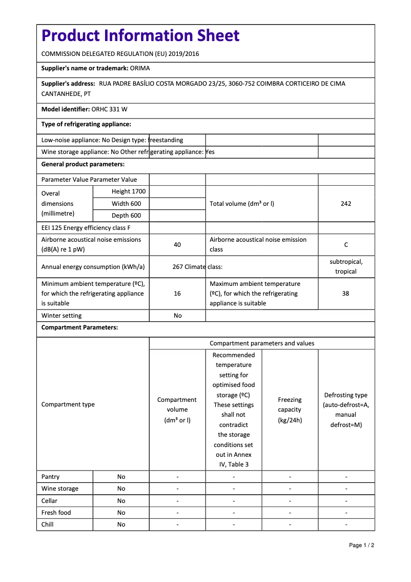 Page 1 de la notice Brochure Orima ORHC-331-W
