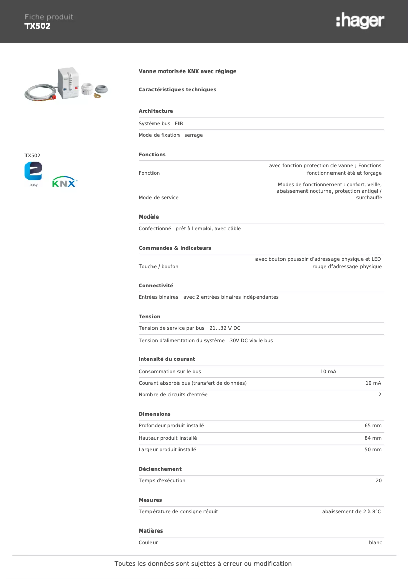 Page 1 de la notice Fiche technique Hager TX502