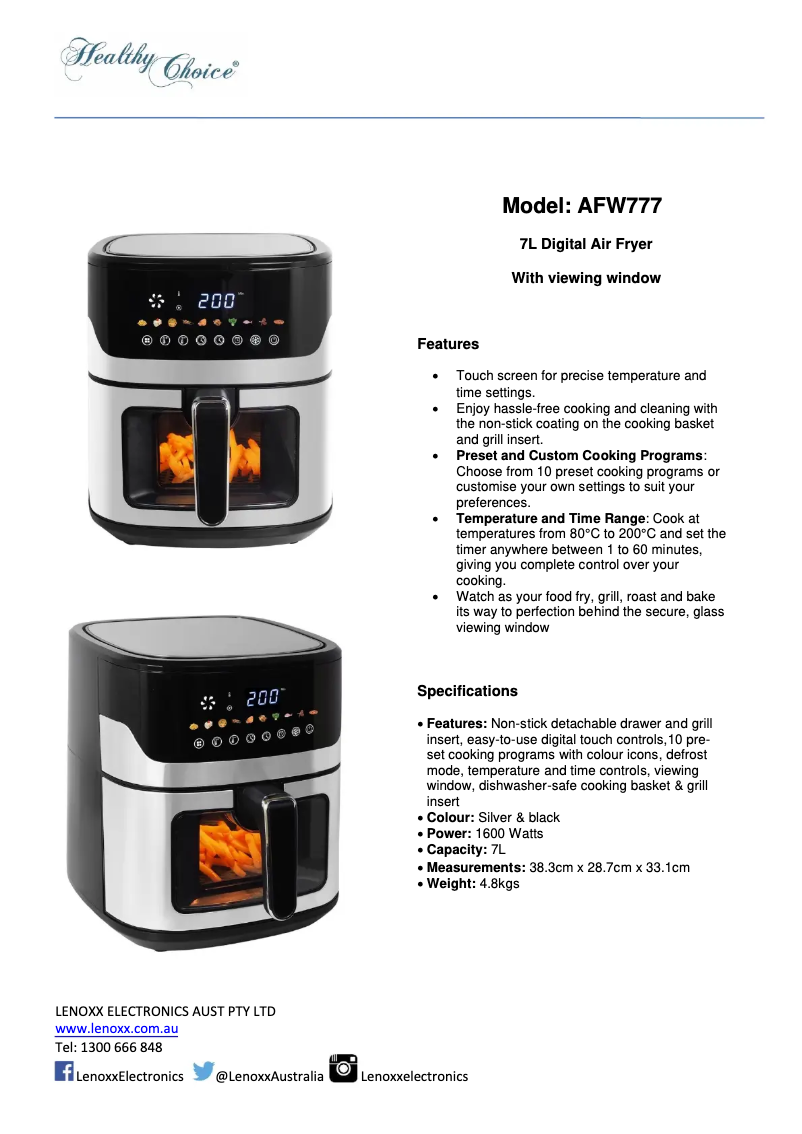 Page n°1 - Fiche technique Healthy Choice AFW777