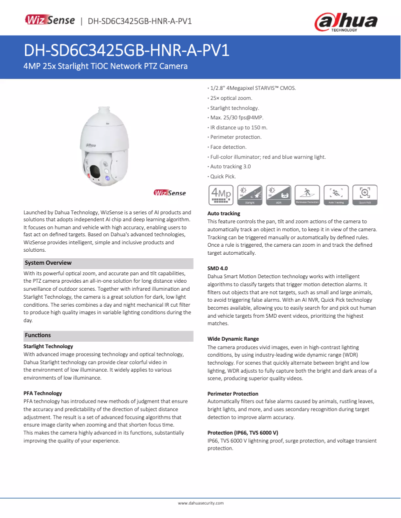 Page 1 de la notice Fiche technique Dahua Technology SD6C3425GB-HNR-A-PV1