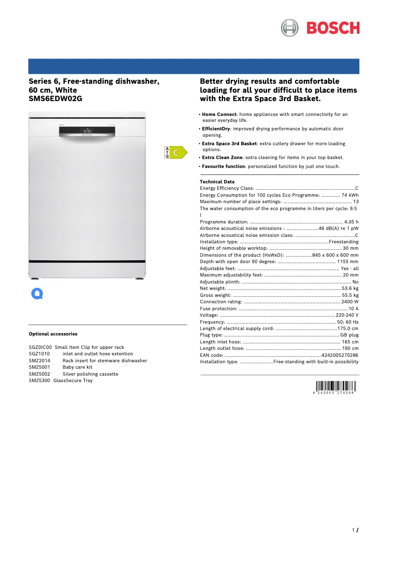 Página 1 del manual Ficha técnica Bosch SMS6EDW02G