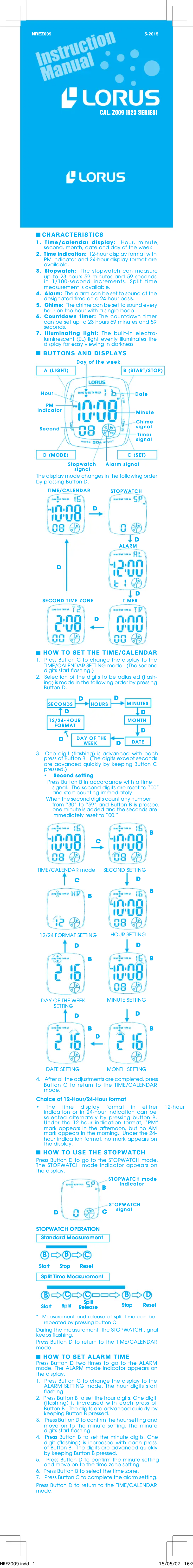 Page n°1 - Manuel utilisateur Lorus R2327CX9