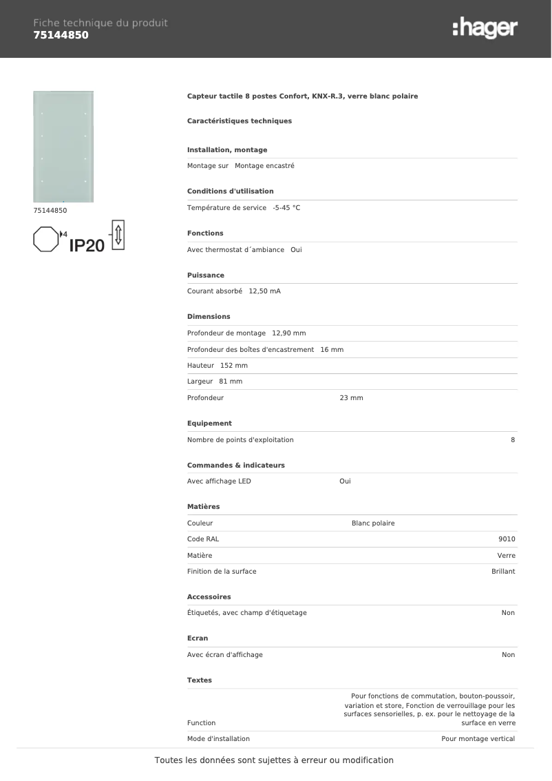 Page 1 de la notice Fiche technique Hager 75144850