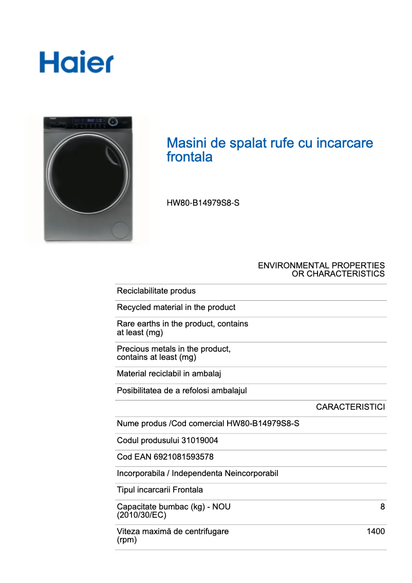 Page 1 de la notice Label énergétique Haier HW80-B14979S8