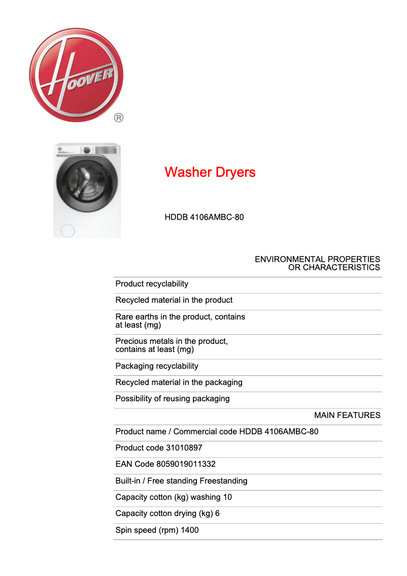 Page 1 de la notice Fiche technique Hoover H-WASH&DRY 500 HDDB 4106AMBC-80