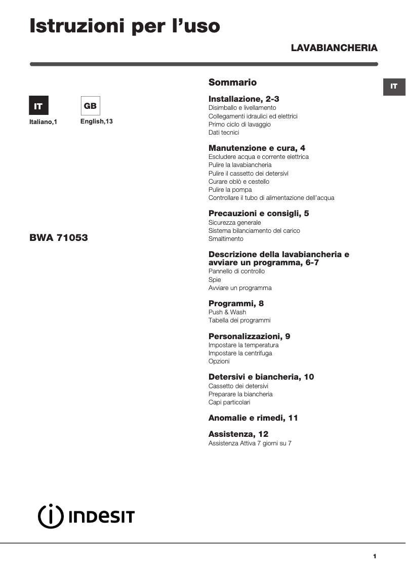 Page n°1 - Manuel utilisateur Indesit BWA 71053X W IT