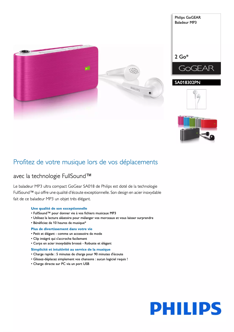 Page 1 de la notice Fiche technique Philips SA018302PN
