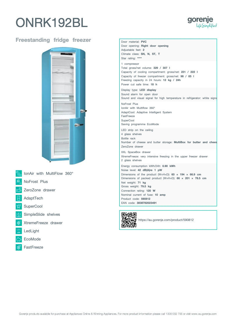 Página 1 del manual Ficha técnica Gorenje ONRK192BL