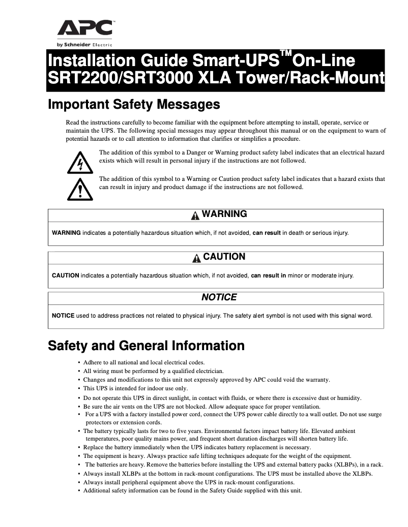 Page 1 de la notice Manuel utilisateur APC Smart-UPS SRT SRT3000XLAUS