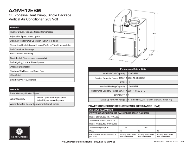 Page n°1 - Fiche technique GE AZ9VH12EBM