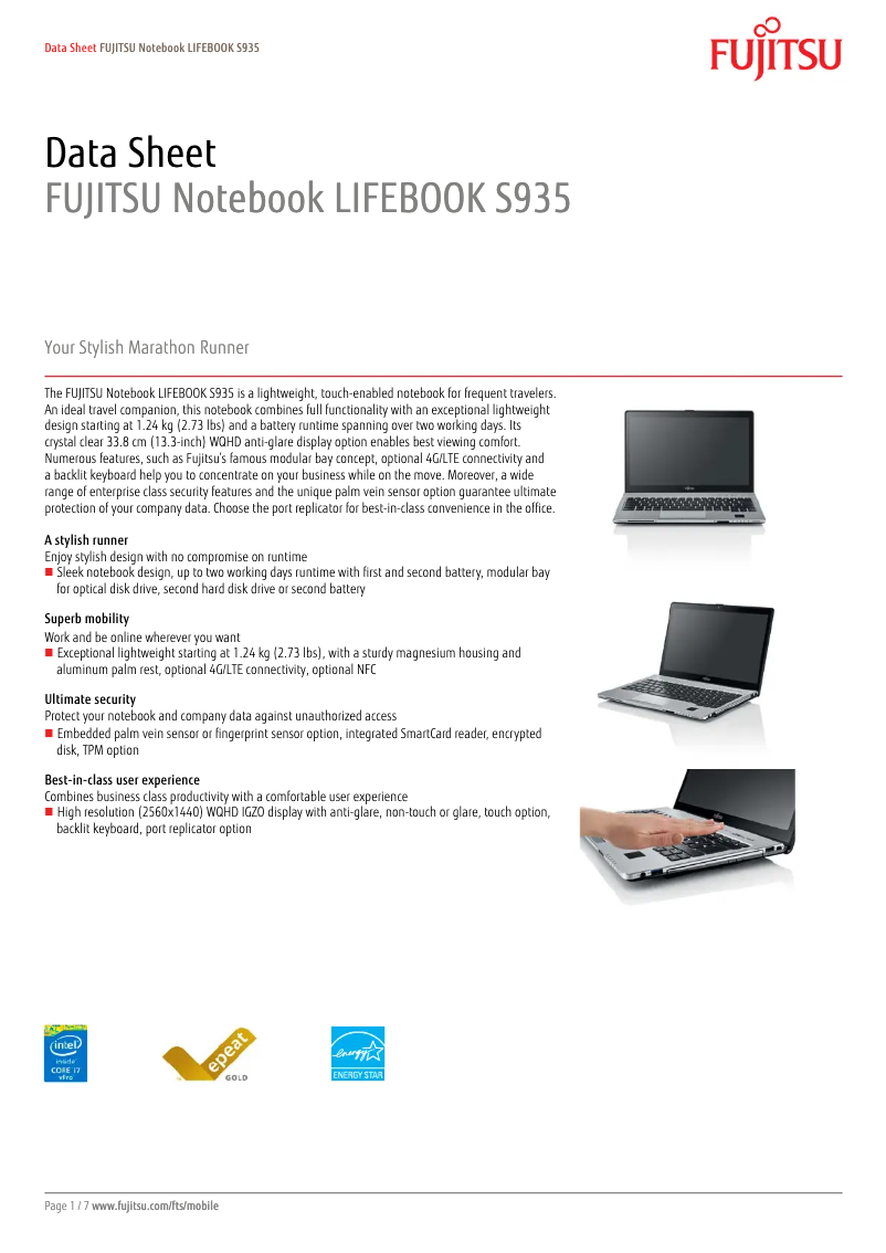 Page 1 de la notice Manuel utilisateur Fujitsu LIFEBOOK S935