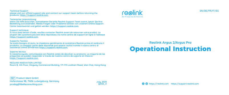 Page n°1 - Manuel utilisateur Reolink Argus 2