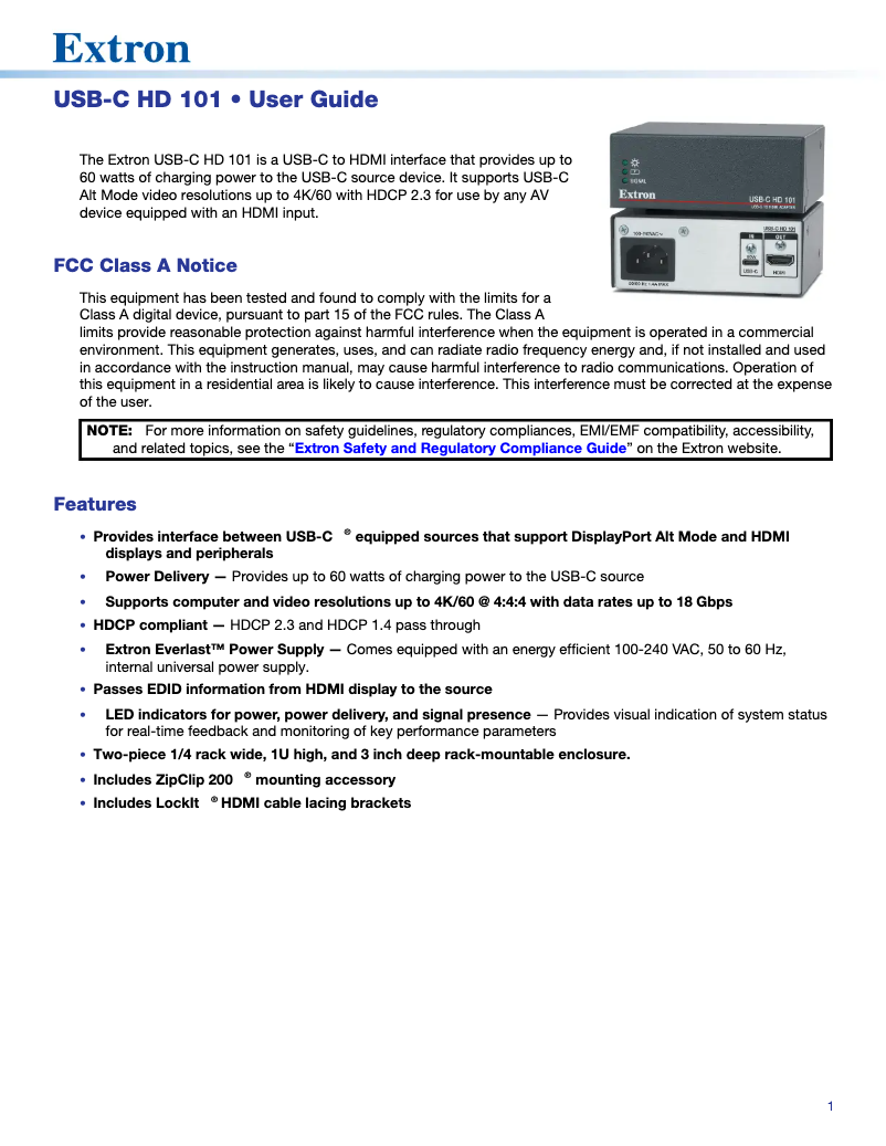 Página 1 del manual Manual de usuario Extron USB-C HD 101