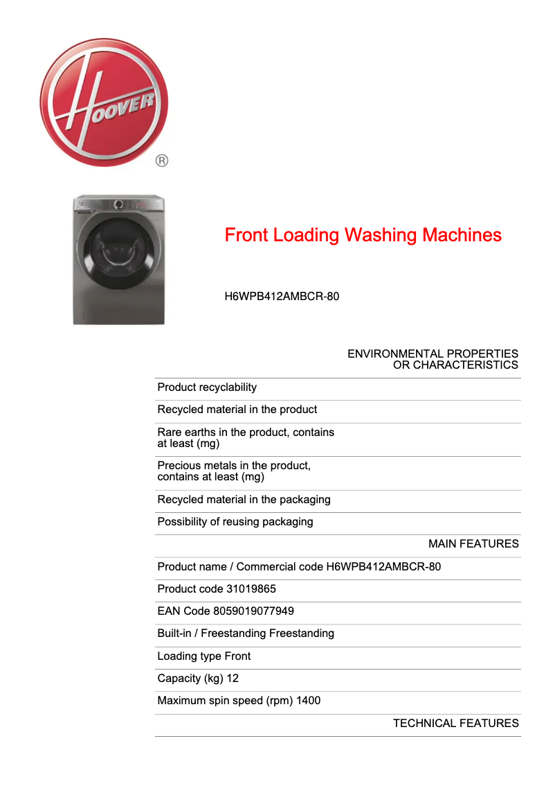 Page n°1 - Fiche technique Hoover H6WPB412AMBCR-80