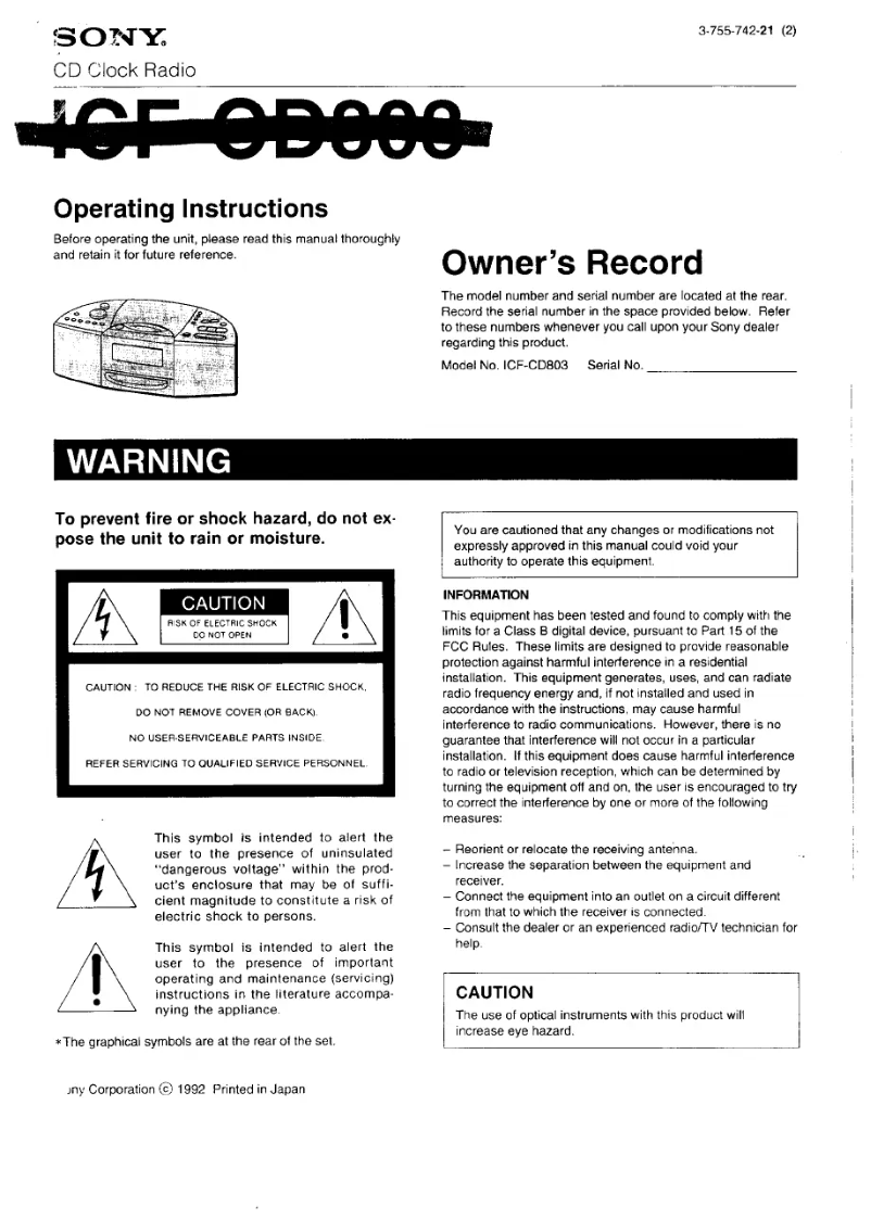 Page 1 de la notice Manuel utilisateur Sony ICF-CD803
