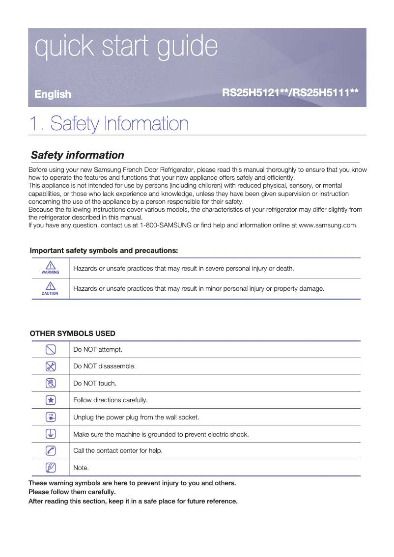 Page 1 de la notice Manuel utilisateur Samsung RS25H5113SL