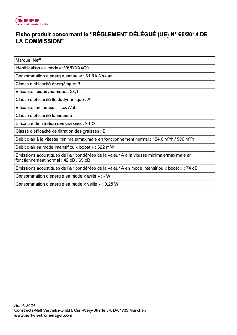 Page 1 de la notice Label énergétique Neff V68YYX4C0