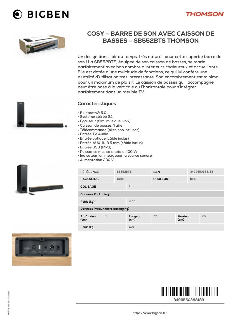 Page 1 de la notice Fiche technique Thomson SB552BTS