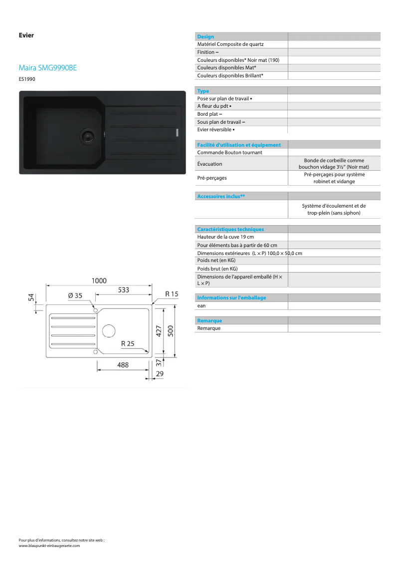 Page n°1 - Fiche technique Blaupunkt Maira SMG9990BE