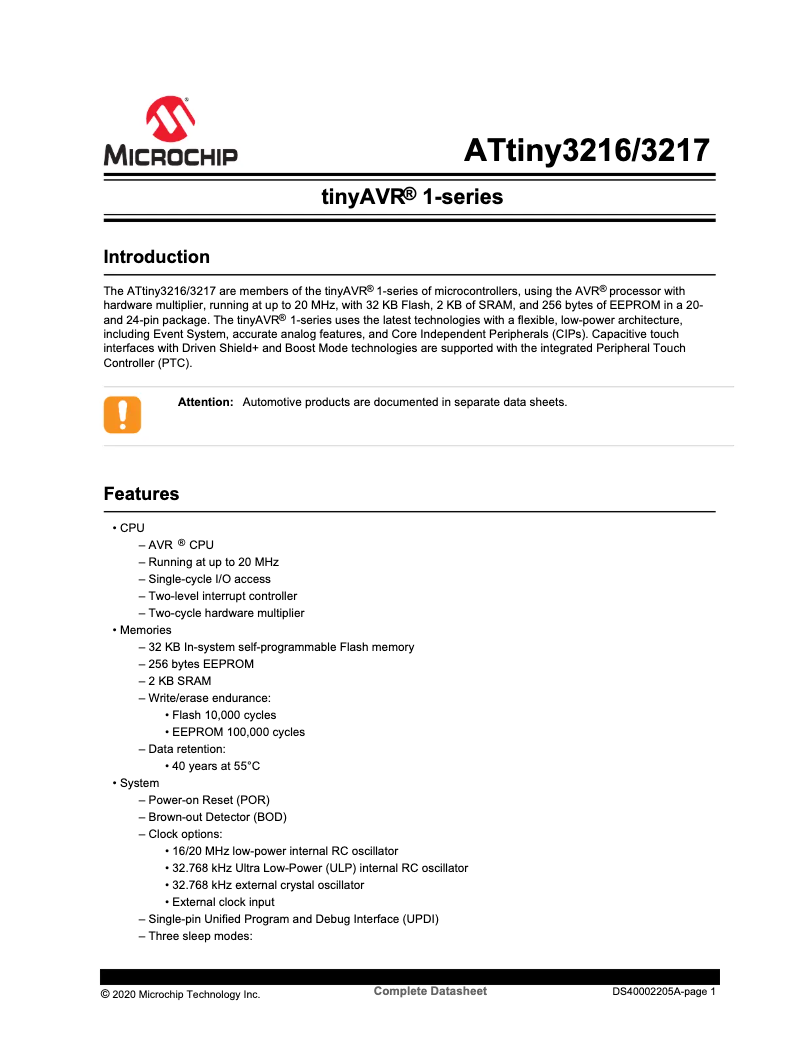 Página 1 del manual Ficha técnica Microchip ATTINY3216