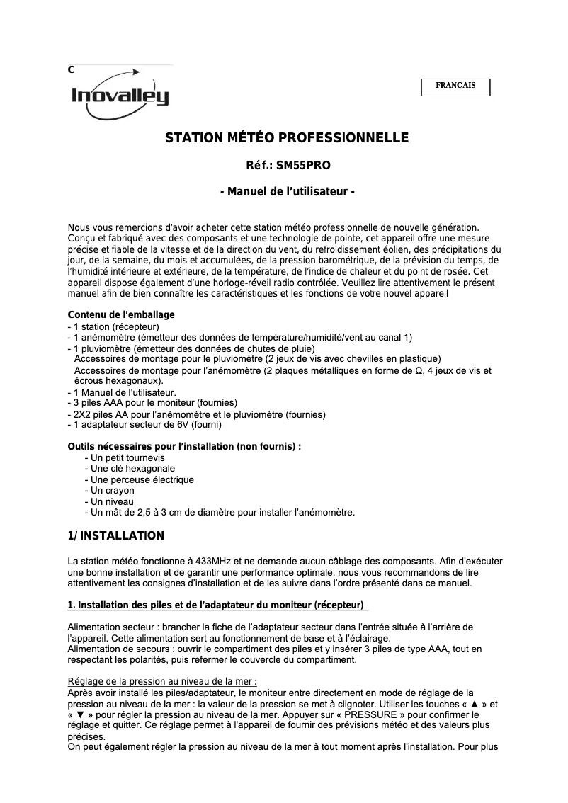 Page 1 de la notice Manuel utilisateur Inovalley SM55PRO