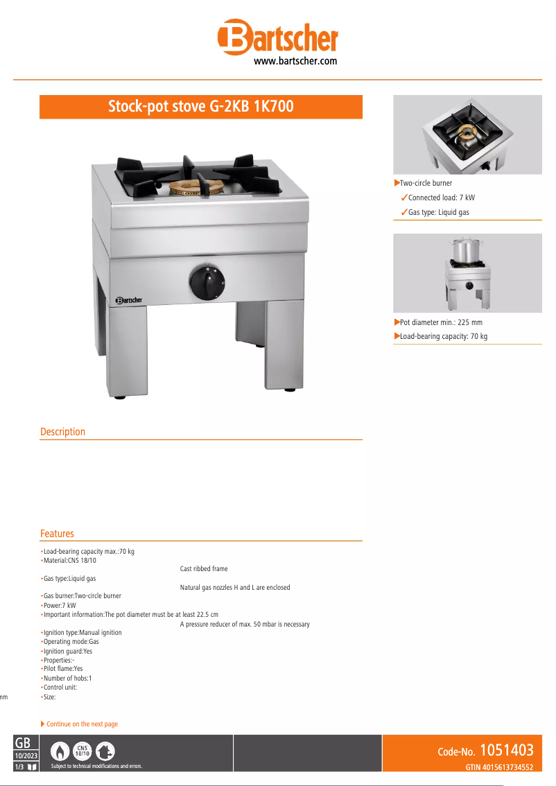 Page n°1 - Fiche technique Bartscher G-2KB 1K700