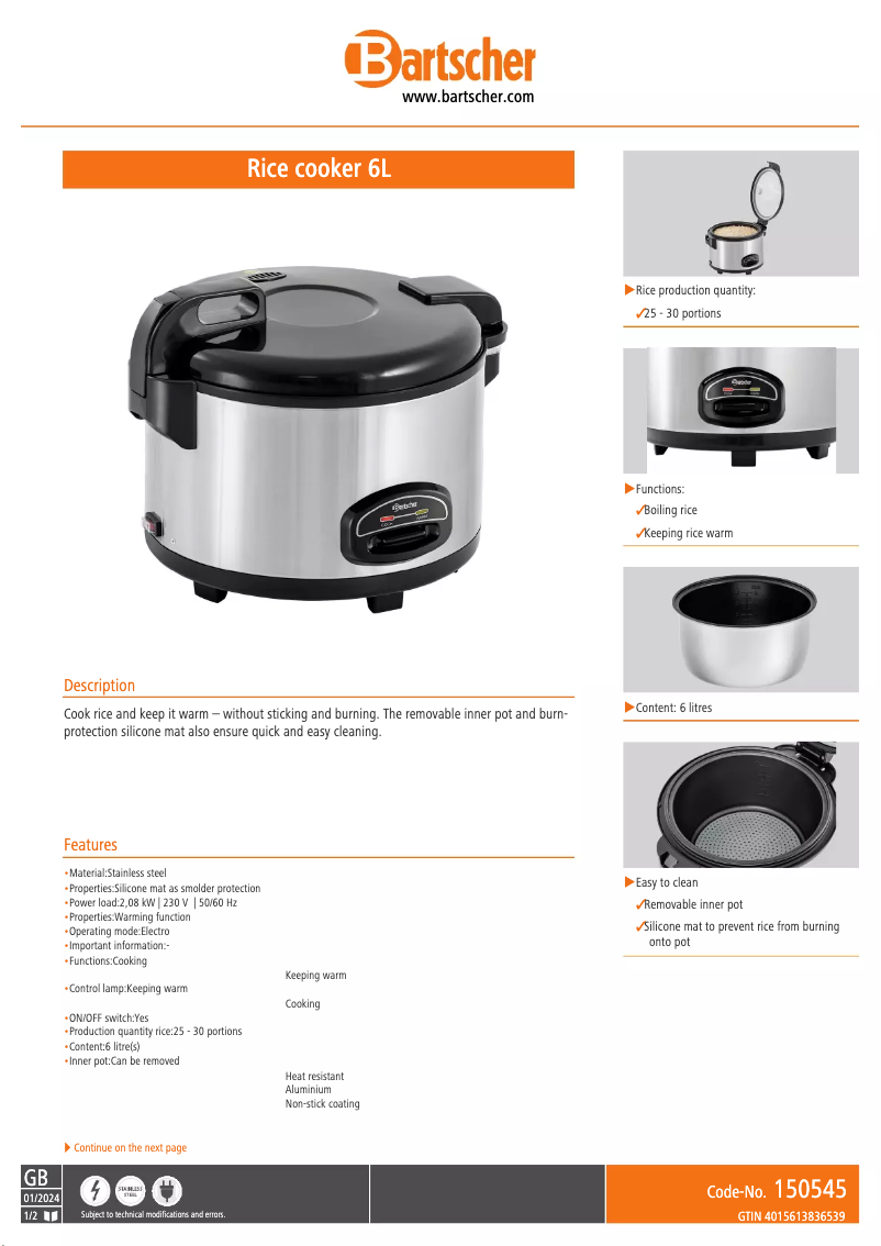 Page 1 de la notice Fiche technique Bartscher 150534