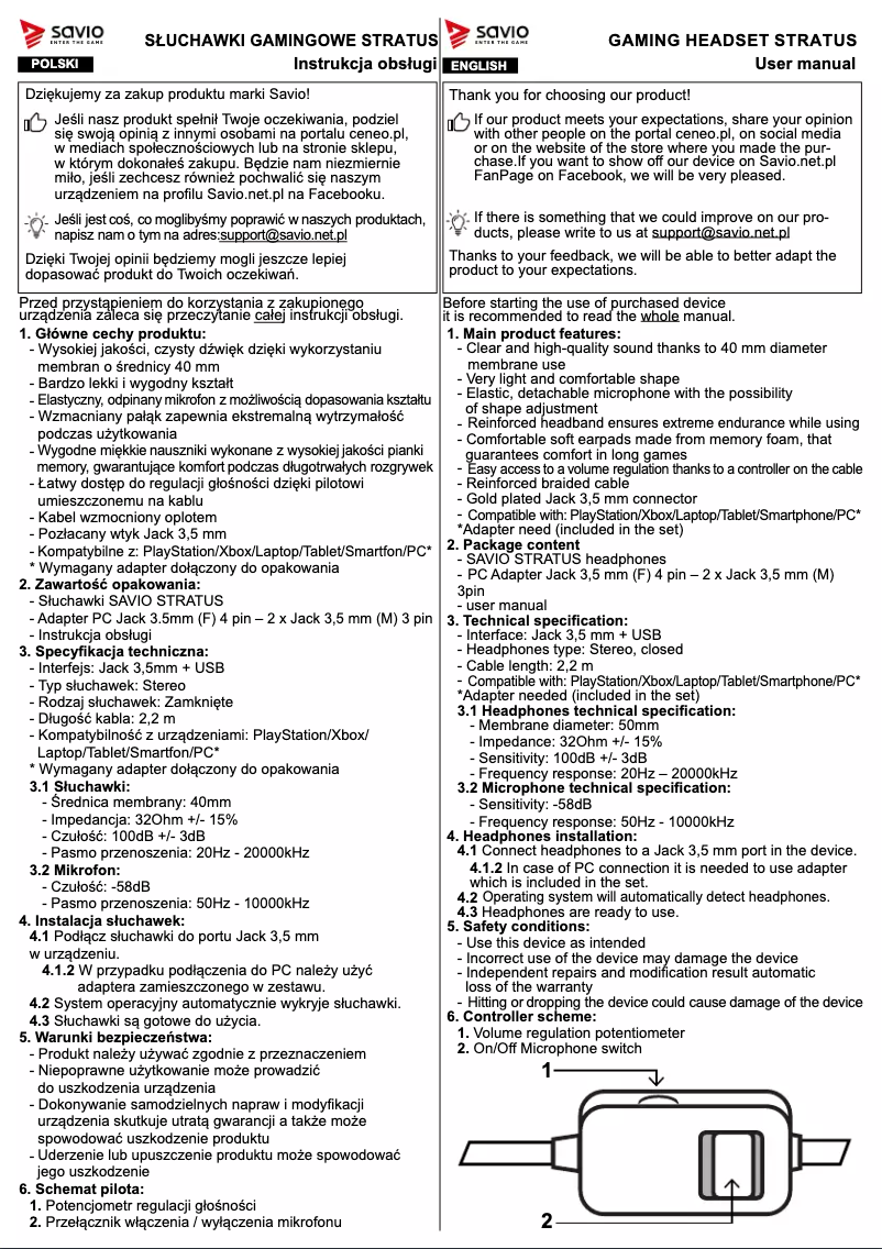 Page 1 de la notice Manuel utilisateur Savio Stratus