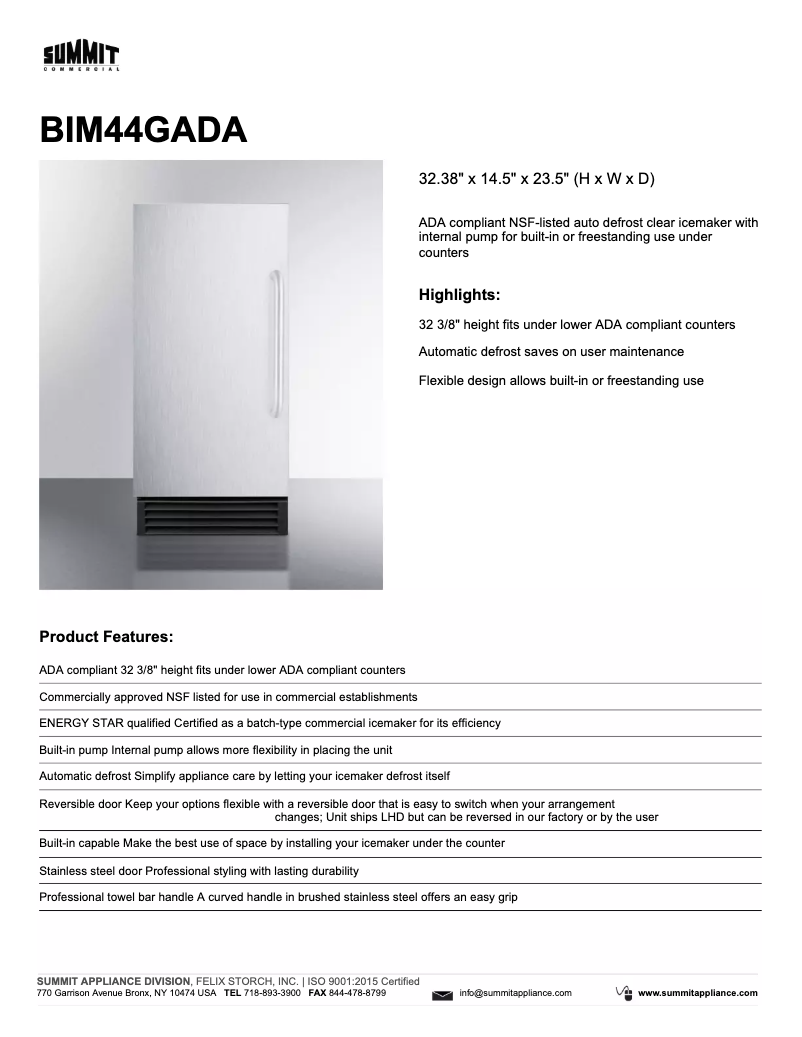 Page 1 de la notice Fiche technique Summit BIM44GADA
