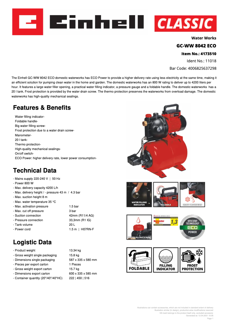 Page n°1 - Fiche technique Einhell GC-WW 8042 ECO