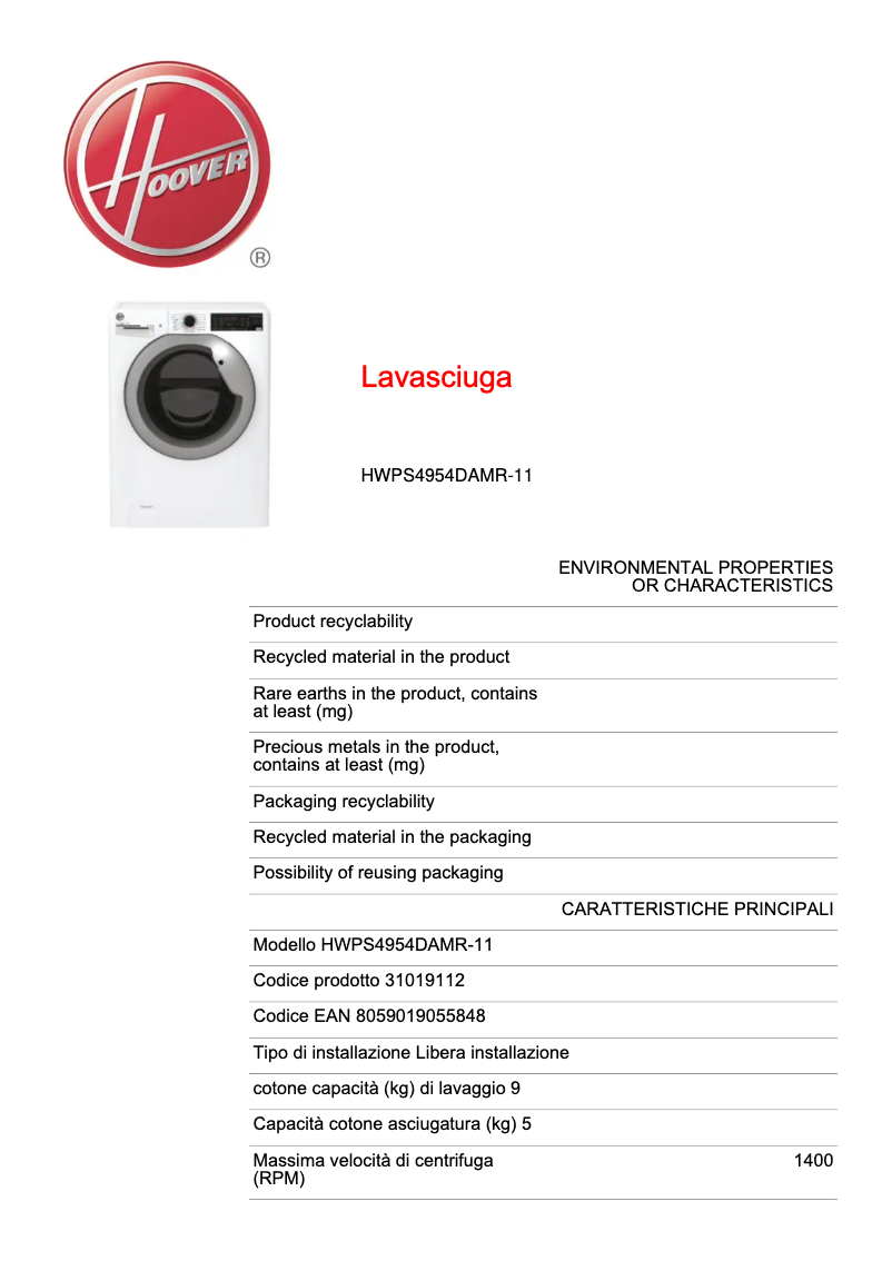 Page n°1 - Fiche technique Hoover HWPS4954DAMR-11