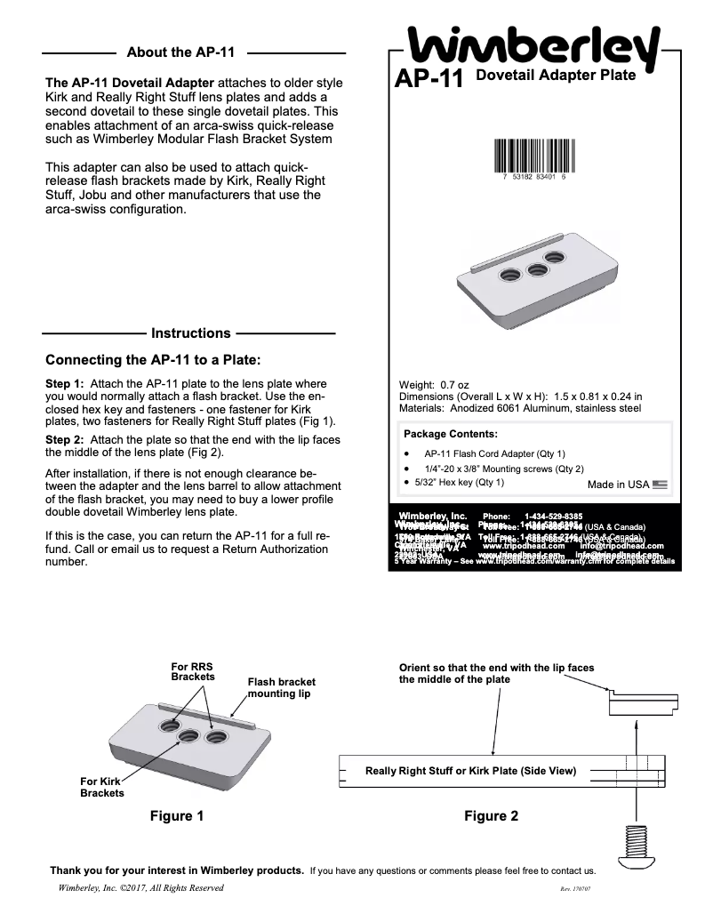Page 1 de la notice Manuel utilisateur Wimberley AP-11