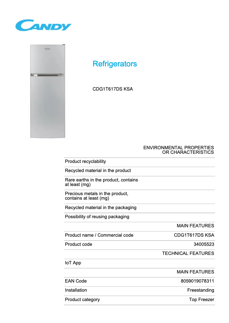 Page n°1 - Fiche technique Candy CDG1T617DS KSA
