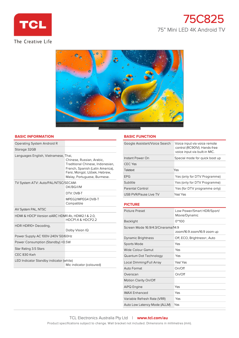 Page 1 of the manual Technical Sheet TCL 75C825