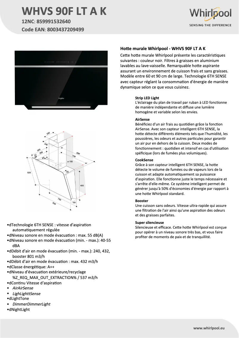 Page 1 of the manual Technical Sheet Whirlpool WHVS 90F LT A K