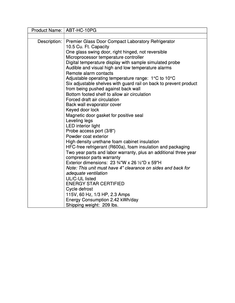 Page 1 de la notice Fiche technique American BioTech Supply ABT-HC-10PG