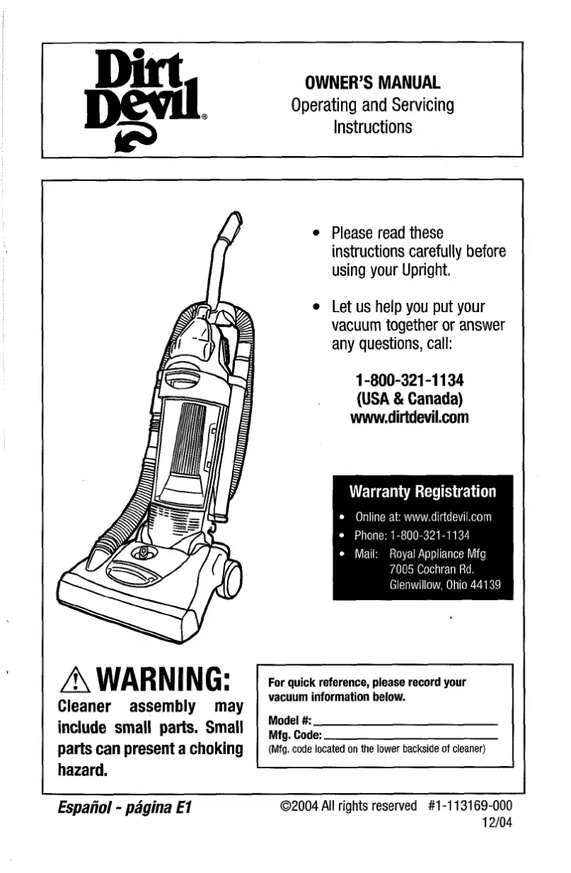 Page n°1 - Manuel utilisateur Dirt Devil Vision M087900