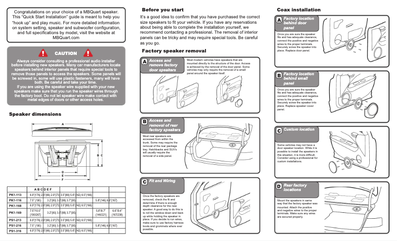 Page 1 de la notice Guide de démarrage rapide MB Quart PK1-116