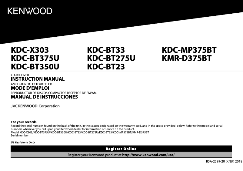 Page n°1 - Manuel utilisateur Kenwood KMR-D375BT