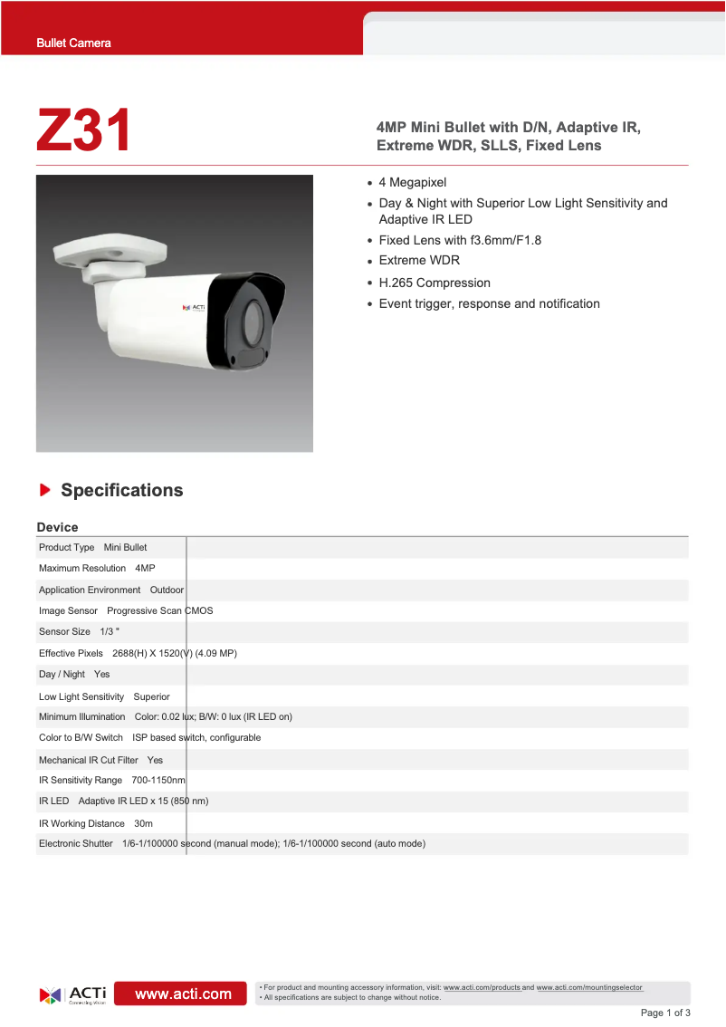 Page n°1 - Fiche technique ACTi Z31