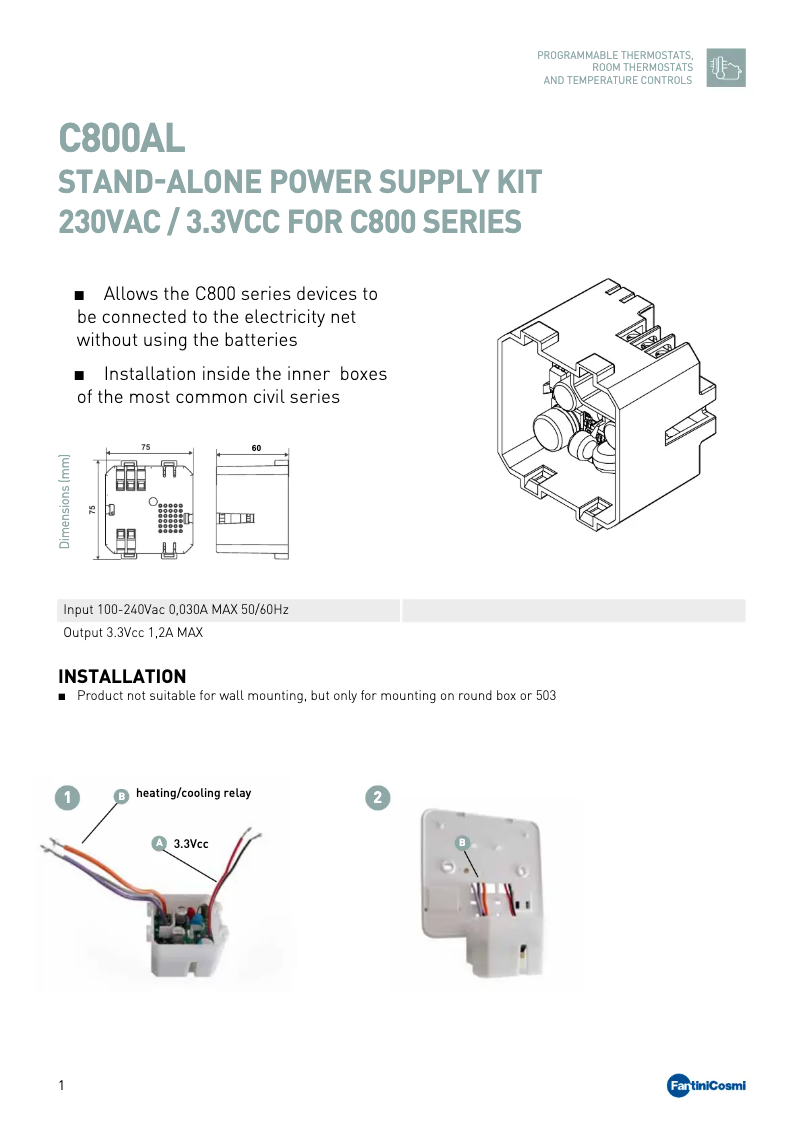 Page 1 of the manual Technical Sheet Fantini Cosmi C800AL