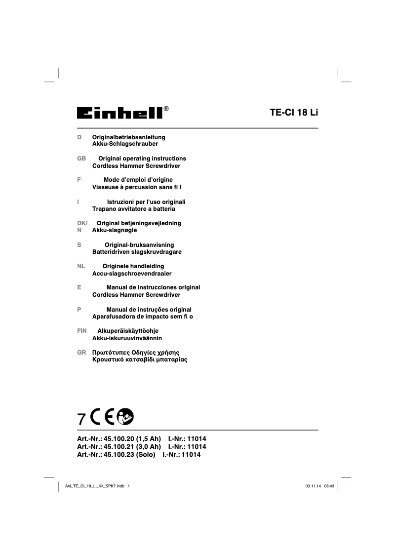 Page 1 de la notice Manuel utilisateur Einhell TE-CI 18 Li